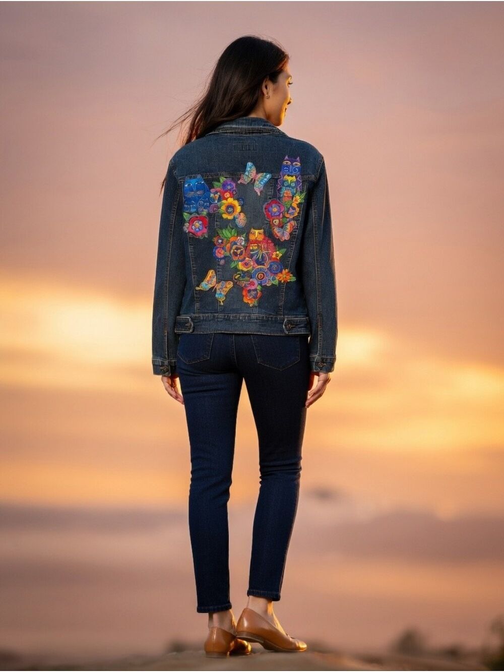 Paris Blues Denim Jacket Dark Cats Flowers Embroidered